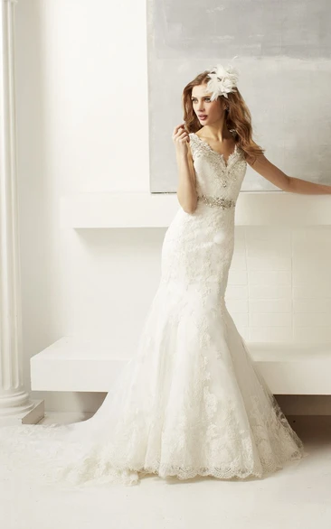 V-Neck Floor-Length Appliqued Jeweled Lace Wedding Dress With Court Train And V Back