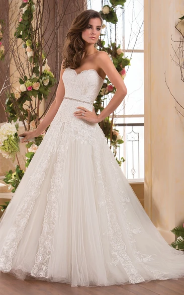 Sweetheart A-Line Gown With Appliques And Sequined Waistline