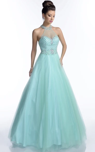 Halter Sleeveless A-Line Tulle Prom Dress With Illusion Back
