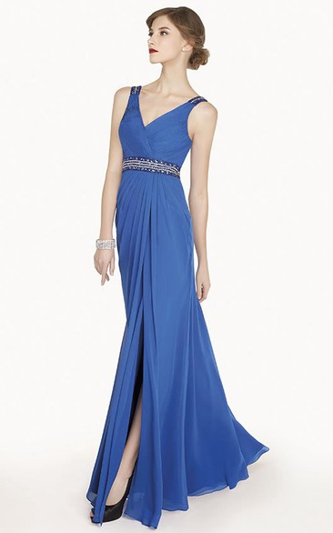 Crystal Waist Chiffon Long Prom Dress With Split And Bootlace Back