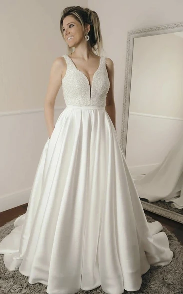 Beaded Elegant Sleeveless Simple Ballgown Plunging Satin Wedding Dress