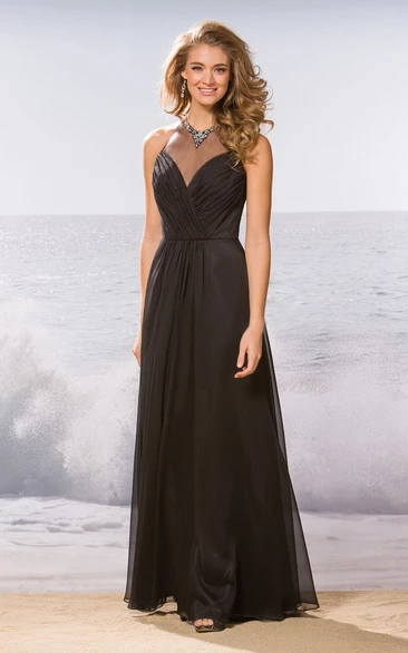 High Jeweled Neck A-Line Bridesmaid Dress With Pleats And Illusion Style
