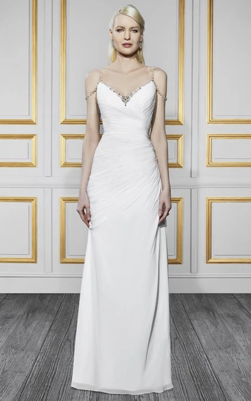 Floor-Length Straps Side-Draped Chiffon Wedding Dress With Brush Train And V Back