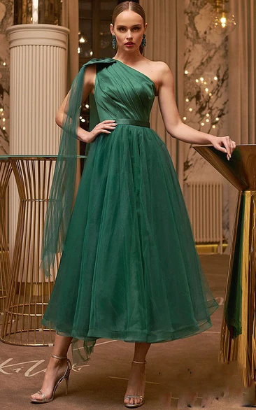 Modern A Line One-shoulder Satin Ankle-length Lace-up Evening Dress with Bow
