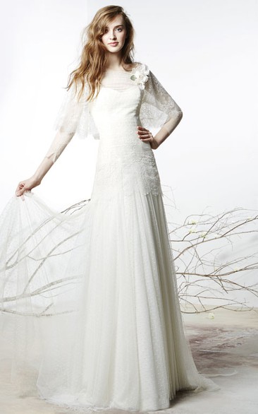 Sheath Floor-Length Bateau Floral Long-Sleeve Tulle Wedding Dress With Illusion Back And Lace