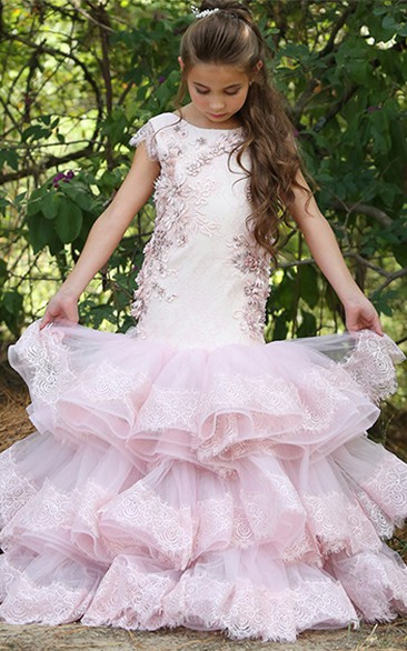 Mermaid Bateau Cap-Sleeve Tier Flower Girl Dress with Applique and Low-V Back