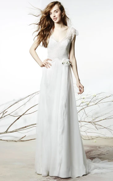Sheath Long Cap-Sleeve V-Neck Tulle&Lace Wedding Dress With Flower And V Back