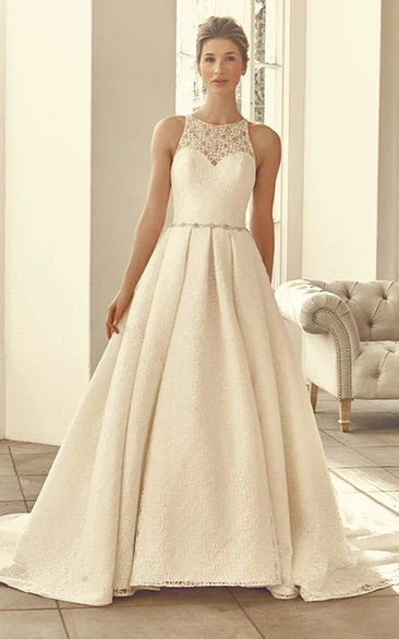Floor-Length High Neck Appliqued Lace Wedding Dress With Court Train And Keyhole