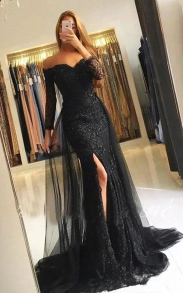 Mermaid 3/4 Length Sleeve Lace Tulle Sexy Evening Dress with Appliques