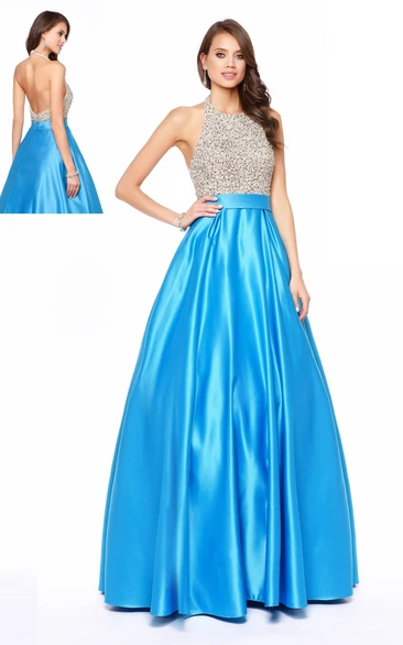 A-Line Scoop-Neck Sleeveless Satin Backless Dress With Beading