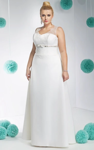 Sleeveless Long Lace V-Neck Satin Plus Size Wedding Dress With Waist Jewellery