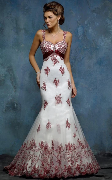 Mermaid Floor-Length Appliqued Sleeveless Tulle&Satin Wedding Dress With Broach And Zipper Back