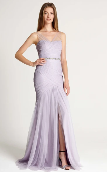 Mermaid Ruched V-Neck Sleeveless Tulle Bridesmaid Dress With Waist Jewellery