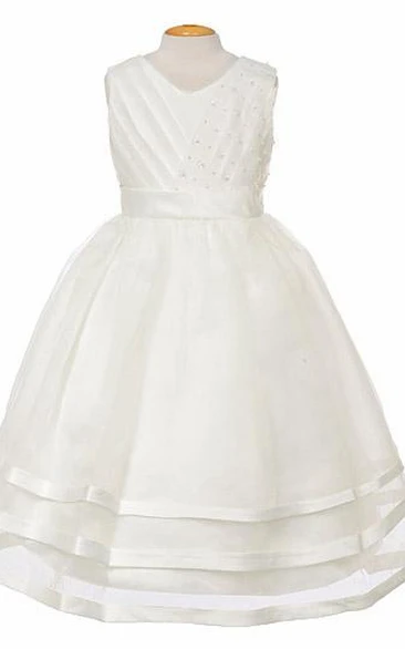 V-Neck Tea-Length Pleated Tiered Organza&Satin Flower Girl Dress With Ribbon
