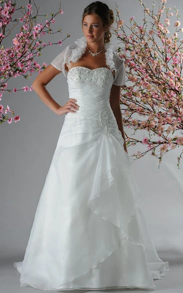 Pearl Applique Top Organza Bridal Gown With Removable Floral Bolero
