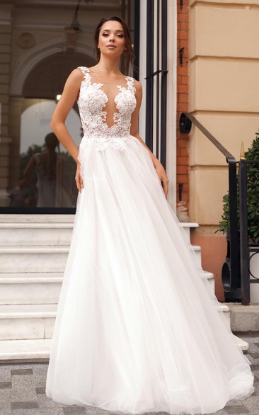 Ethereal A Line Tulle and Lace Scalloped Sweep Train Wedding Dress with Ruching