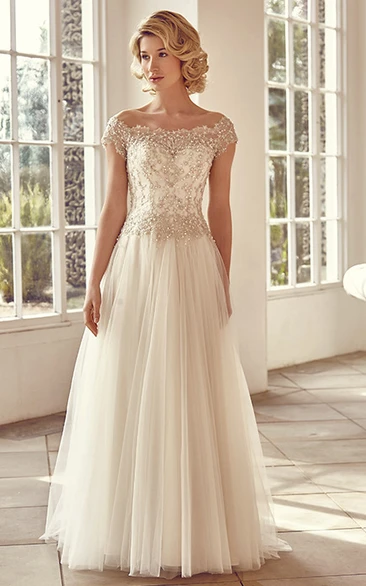 Off-The-Shoulder Maxi Short-Sleeve Beaded Tulle Wedding Dress