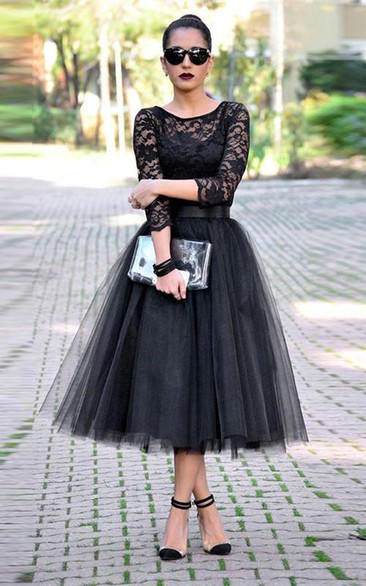 Sexy Black Lace 3 4 Sleeve Prom Dresses Tulle Tea-Length