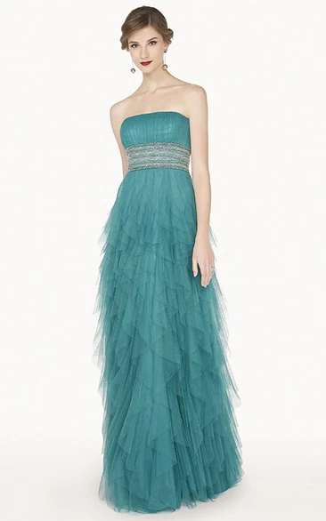 Empire Crystal Waist Strapless Long Tulle Prom Dress With Tiered Skirt