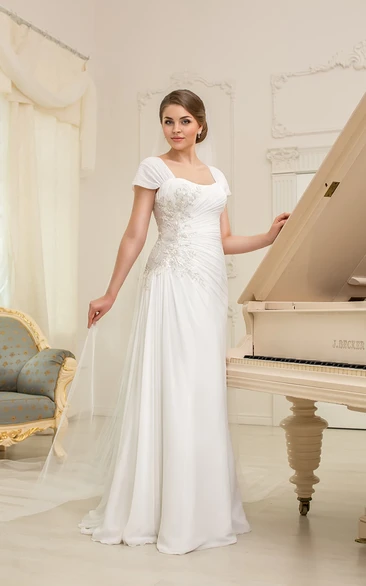 A-Line Long Square-Neck Cap-Sleeve Corset-Back Chiffon Dress With Ruching And Appliques