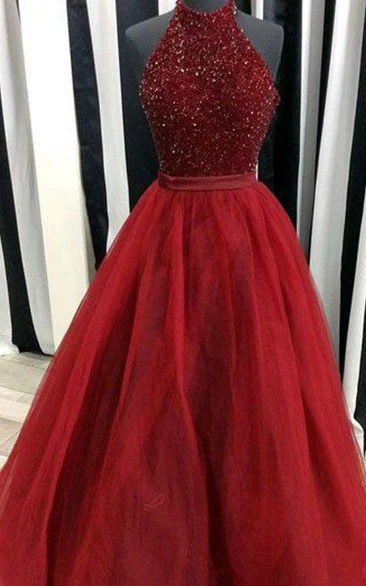 Sleeveless Floor-length A-Line Ball Gown Halter Tulle Sequins Dress