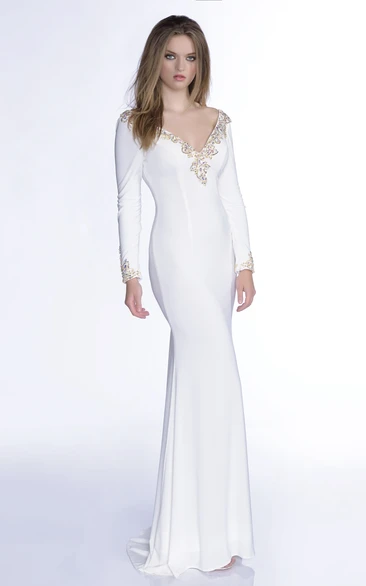 V-Neck Long Sleeve Jersey Mermaid Prom Dress With Beaded Trim And Low-V Back