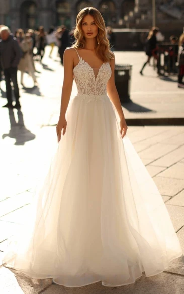 Sexy A-Line Spaghetti Lace Country Wedding Dress with Natural Sweep Train