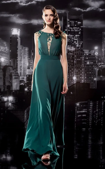 Sheath Long Scoop-Neck Cap-Sleeve Jersey Illusion Dress With Appliques And Bow