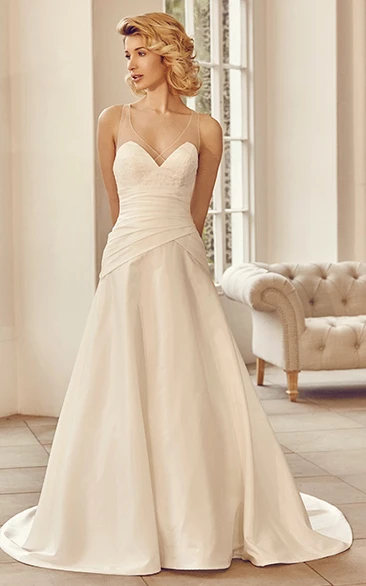 Floor-Length V-Neck Appliqued Satin Wedding Dress With Brush Train And Straps