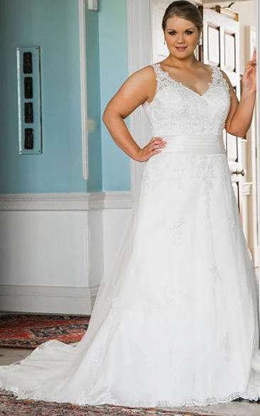 Plus Size V Neck Lace Bridal Gown With Lace Up And Train