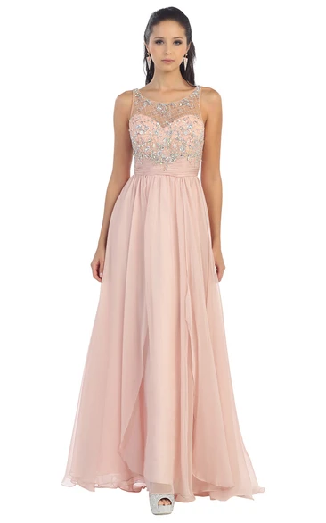A-Line Long Scoop-Neck Sleeveless Chiffon Low-V Back Dress With Beading And Draping