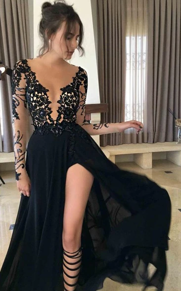 A Line Long Sleeve Chiffon Lace Modern Evening Dress with Split Front