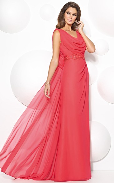 A-Line Cowl-Neck Sleeveless Appliqued Floor-Length Chiffon Prom Dress