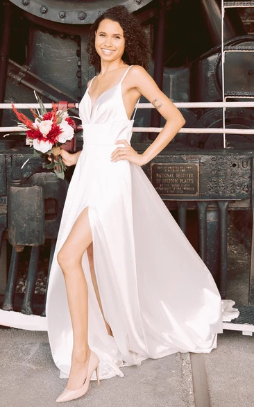 Plunging Neckline Satin A-Line Elegant Wedding Dress With Open Back And Split Front