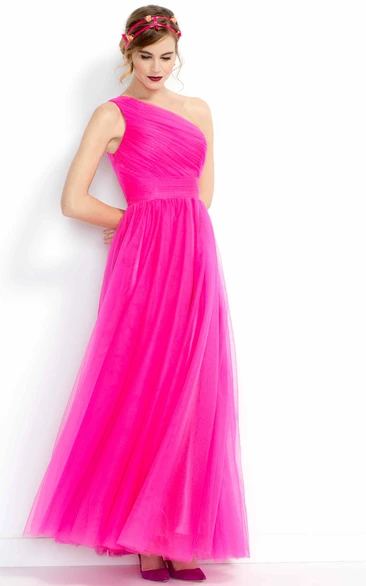A-Line Floor-Length One-Shoulder Ruched Sleeveless Tulle Bridesmaid Dress
