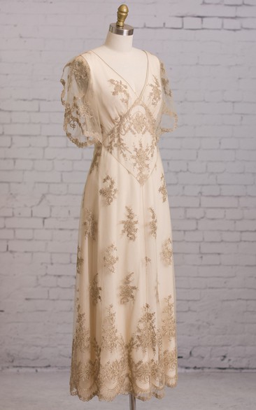 Sheath V-Neck Empire Waist Embroidery Dress With Illusion Butterfly Sleeves V-back Goldline Embroidery Brush Train Dress