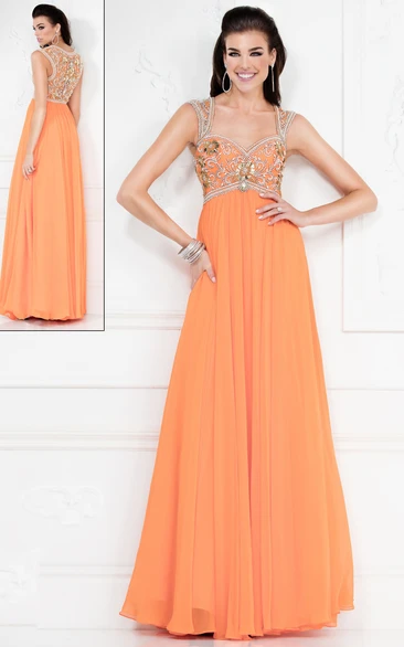 A-Line Long Queen Anne Empire Chiffon Illusion Dress With Beading And Pleats