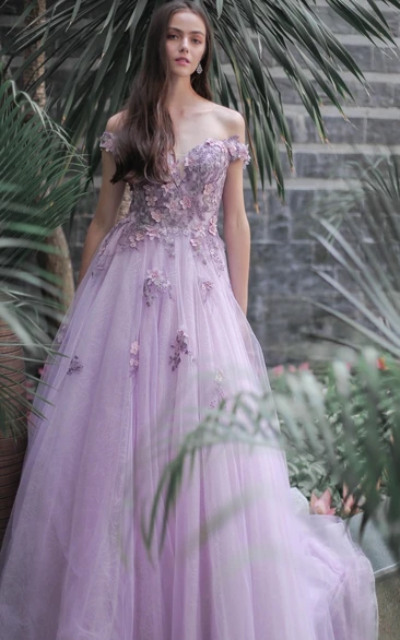 Tulle Ball Gown A-Line Prom Dress with Appliques Unique and Romantic Dress