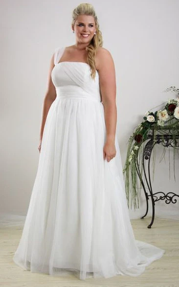 A-Line Sleeveless One-Shoulder Chiffon Plus Size Wedding Dress With Ruching