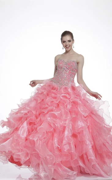 Ball Gown Sweetheart Long Sleeve Organza Lace-Up Dress With Ruffles And Beading