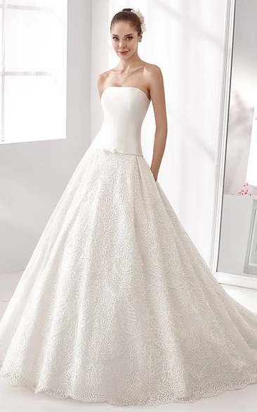 Strapless A-line Wedding Dress with Satin Bodice and Lace Skirt