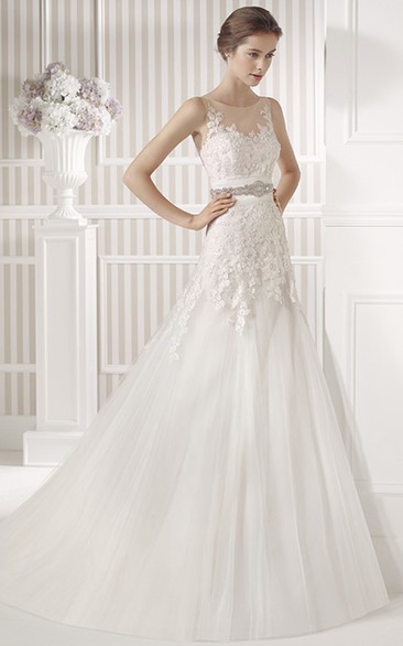 A-Line Appliqued Sleeveless Scoop Floor-Length Tulle&Satin Wedding Dress With Waist Jewellery And Illusion Back