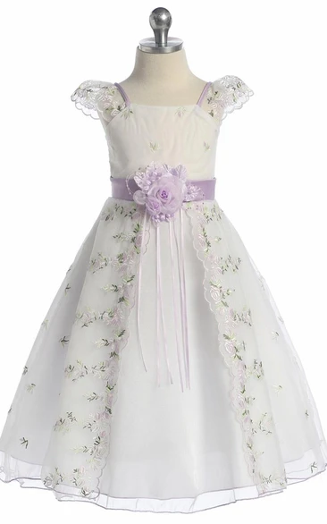 Split Tea-Length Bowed Floral Organza Flower Girl Dress With Embroidery