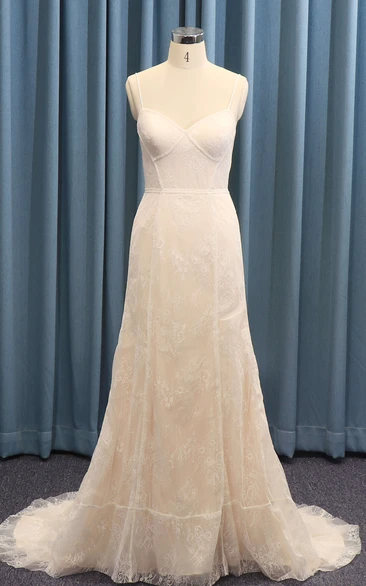 Open Back Straps A-line Lace Sexy Spaghetti Boned Wedding Dress