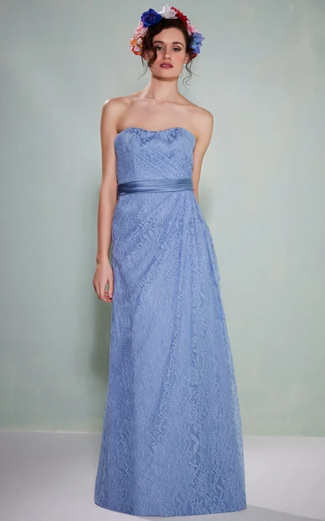 Floor-Length Side-Draped Strapless Lace Bridesmaid Dress With Low-V Back