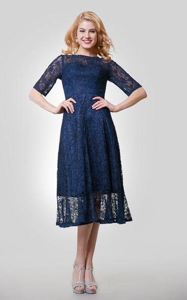 Navy blue lace tea hotsell length dress