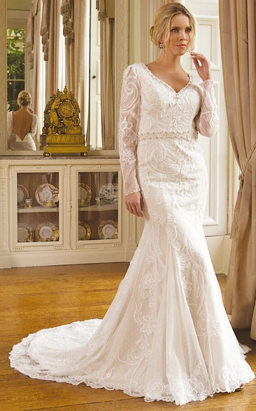 Trumpet V-Neck Long-Sleeve Long Beaded Lace Wedding Dress With Embroidery And Waist Jewellery