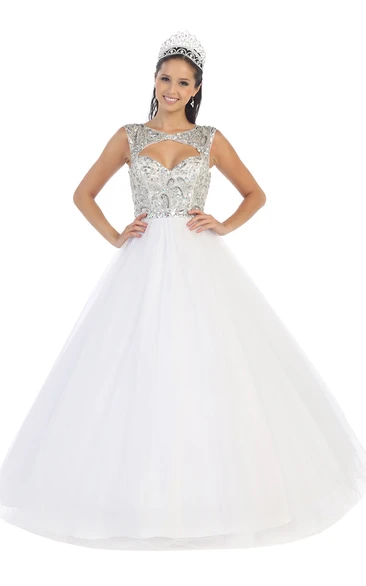 Ball Gown Long Scoop-Neck Tulle Satin Keyhole Dress With Crystal Detailing