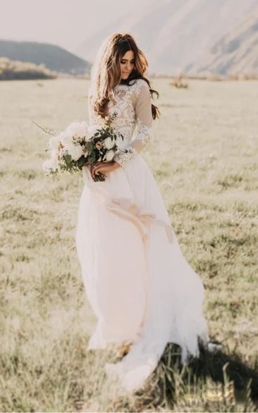Bohemian Lace Long Sleeves Floor Length A Line Applique Chiffon Boho Bridal Gowns