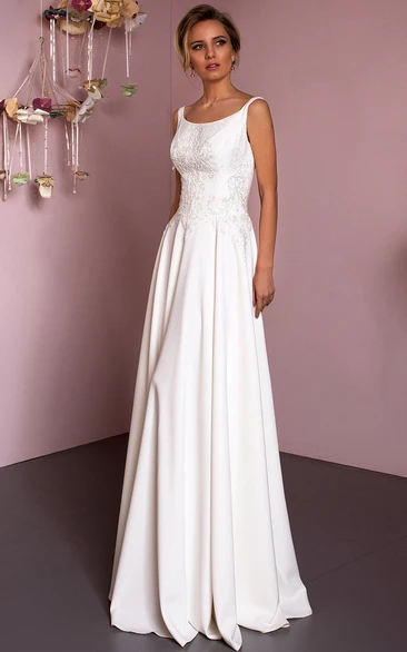 Sheath Floor-Length Sleeveless Lace Chiffon Wedding Dress With Low-V Back